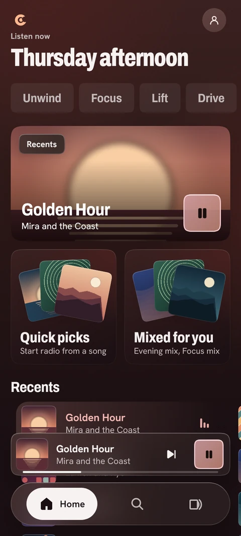 Illustrative Cosmotune Music home screen with mood choices and song shelves